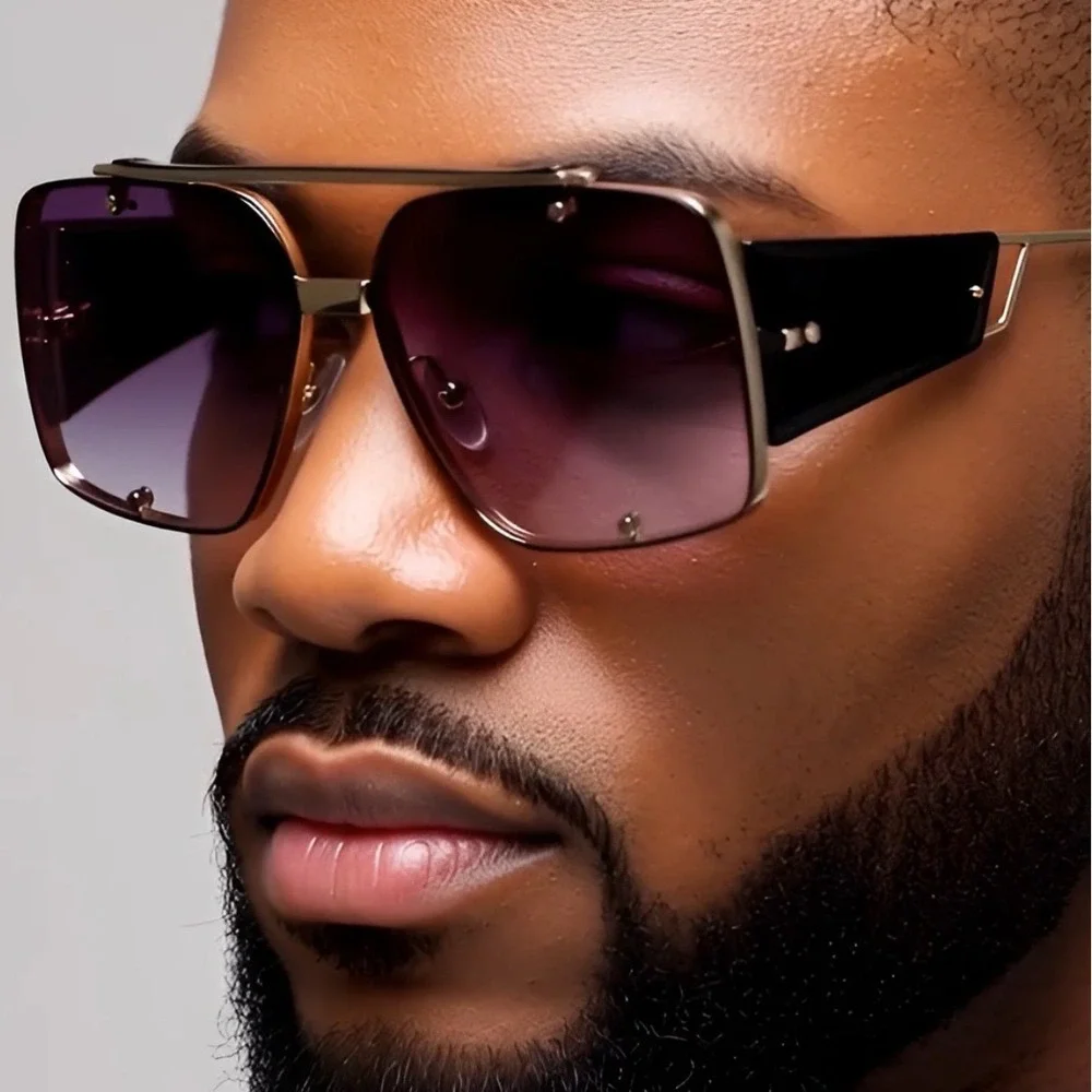 Mens Oversized Square Shield Sunglasses Gradient‎ Lens Gold Frame Lentes Gafas
